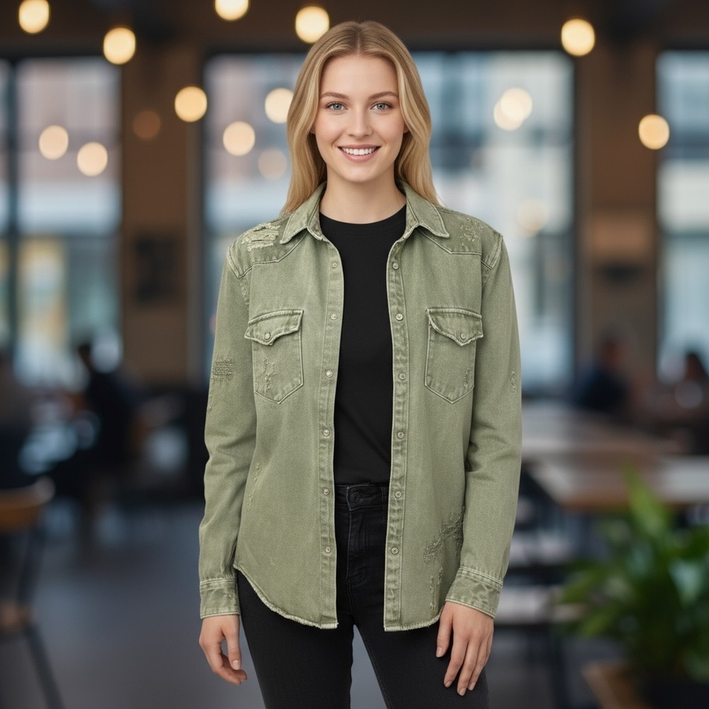 Zara‎ Relaxed Fit Denim distressed Olive Green Women's denim shirt size small